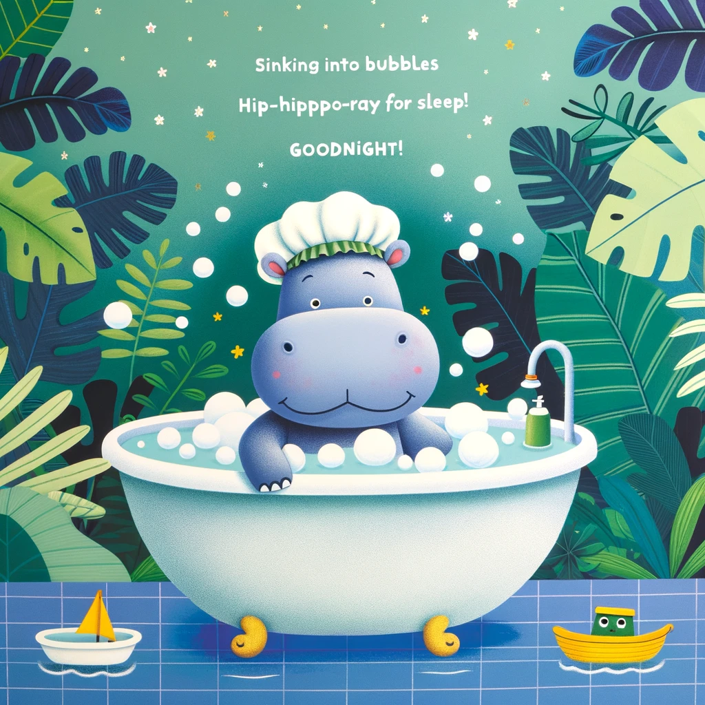 A cartoon hippo in a bubble bath, surrounded by floating toy boats and wearing a shower cap. The bathroom is jungle-themed with lush foliage wallpaper. The caption reads: "Sinking into bubbles before bed. Hip-hippo-ray for sleep! Goodnight!"