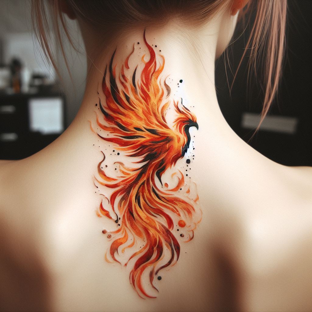 A watercolor tattoo of a phoenix rising from flames, located at the nape of the neck, symbolizing rebirth and transformation.