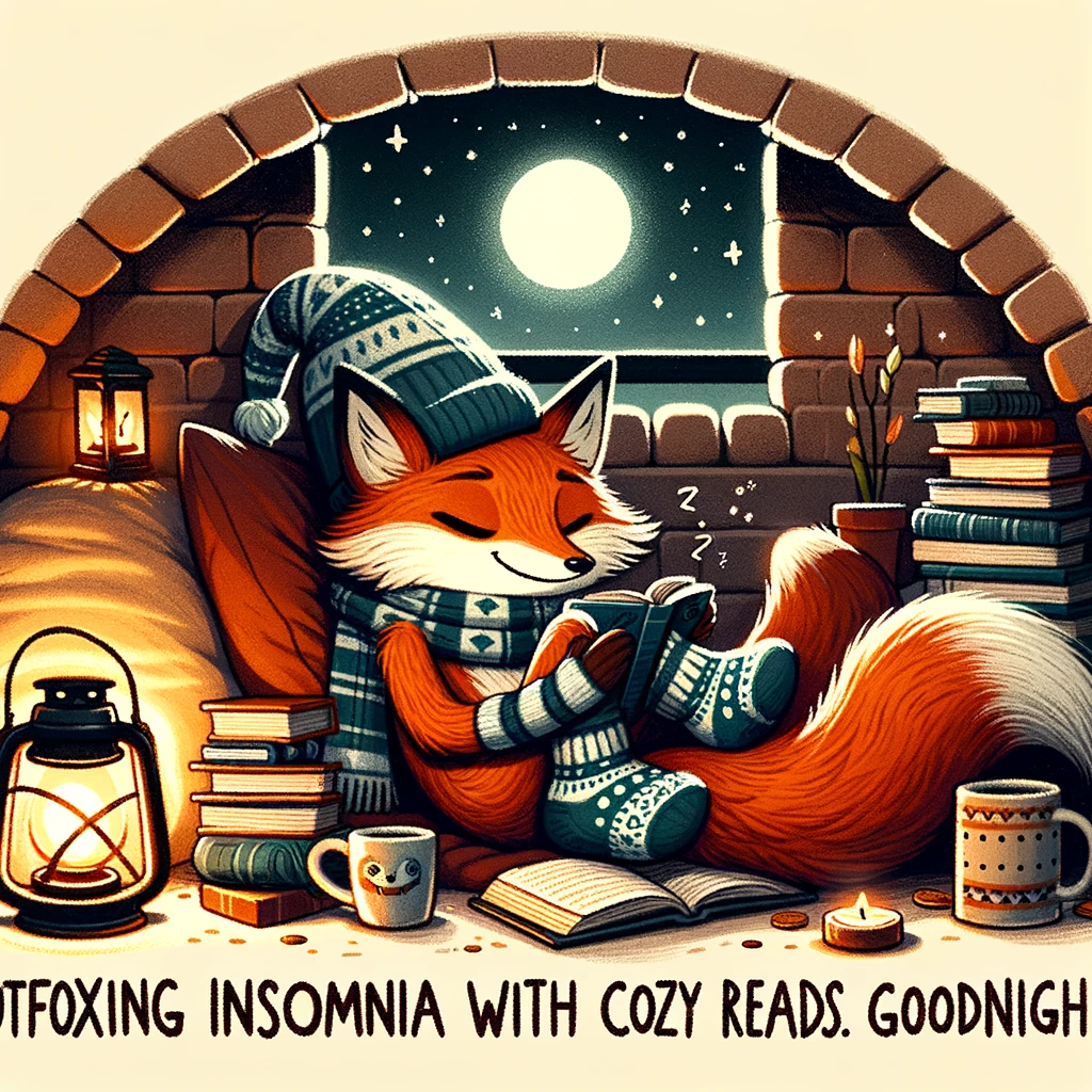 A cartoon fox in cozy socks, curled up in a den with a nightcap on, surrounded by books and a small lantern. The den is warmly lit and looks very snug. The caption reads: "Outfoxing insomnia with cozy reads. Goodnight!"