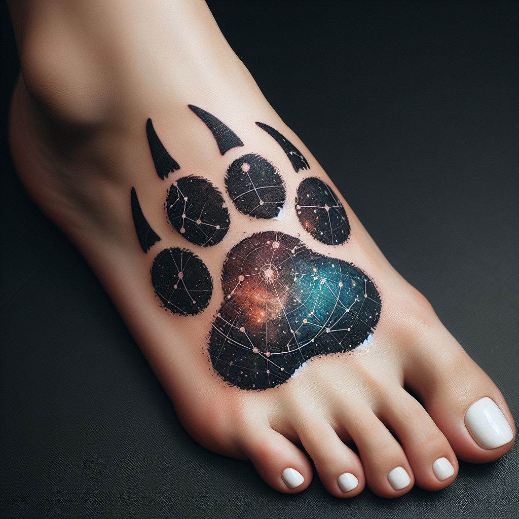 A tattoo on the top of the foot, featuring a bear paw print with a map of the constellations contained within its outline. This design blends the earthly with the celestial, symbolizing navigation and exploration, both physically and spiritually. The placement on the foot signifies walking with the wisdom of the stars.