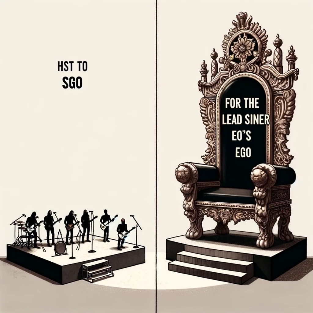 A humorous image split in two, illustrating the contrast between a modest-sized stage for the band and a massive, over-the-top throne towering over the stage, labeled 'For the Lead Singer's Ego'. The left side shows a regular band setup with instruments and microphones, portraying a sense of equality among the members. On the right, a grandiose, ornate throne dominates the scene, comically oversized and elaborately decorated, suggesting the lead singer's ego far surpasses the space and importance of the rest of the band. This exaggerated representation playfully pokes fun at the stereotype of lead singers having disproportionately large egos compared to their bandmates.