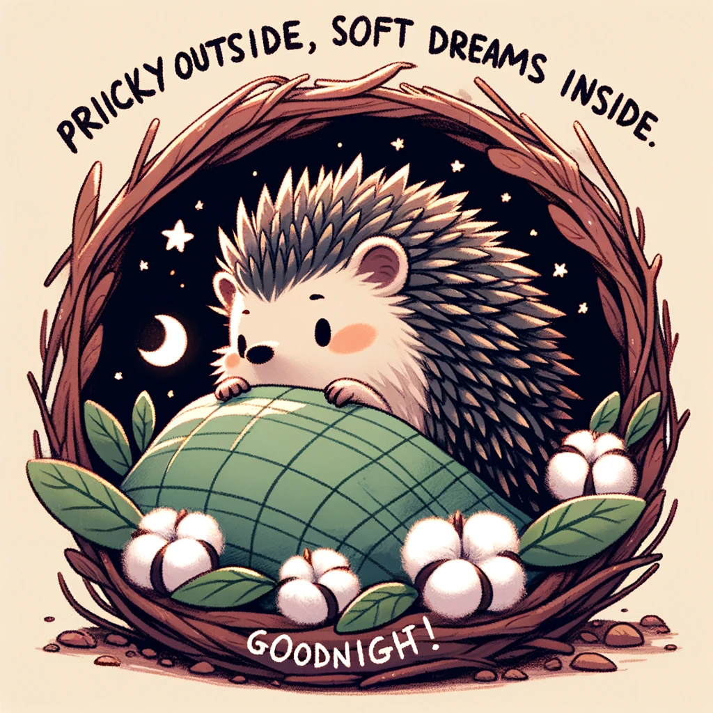A cartoon hedgehog in a small, soft bed made of leaves and twigs, with a cotton ball for a pillow. It's inside a cozy, dimly lit burrow. The caption reads: "Prickly outside, soft dreams inside. Goodnight!"