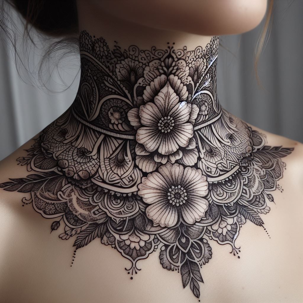 A delicate lace tattoo design with fine details and floral patterns, elegantly encircling the throat area.