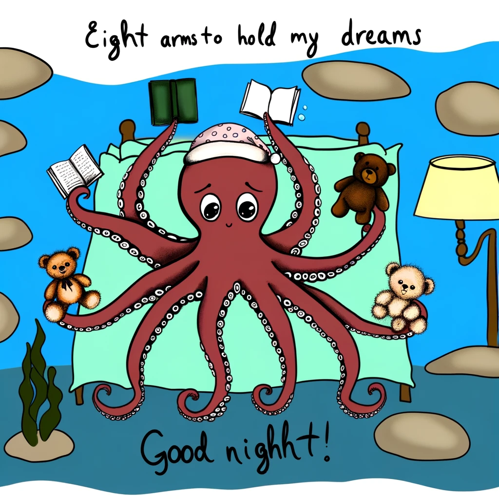 A cartoon octopus in a nightcap, each arm holding a different bedtime accessory: a book, a pillow, a teddy bear, and a night lamp, among others. The seabed setting includes a cozy underwater cave. The caption reads: "Eight arms to hold my dreams. Goodnight!"
