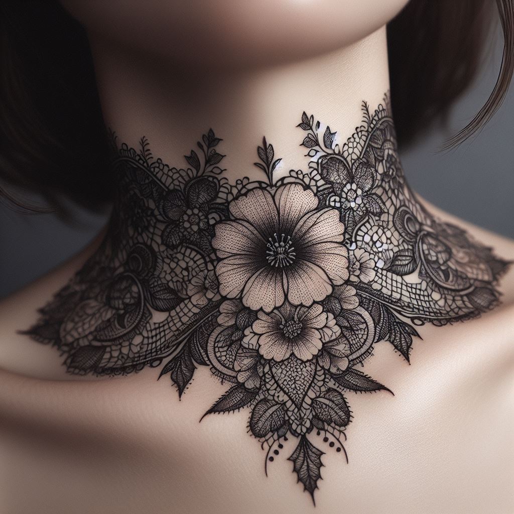 A delicate lace tattoo design with fine details and floral patterns, elegantly encircling the throat area.