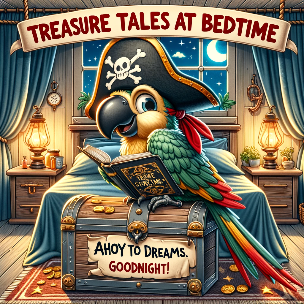 A cartoon parrot in a pirate hat, perched on a treasure chest in a bedroom designed to look like a pirate ship cabin. The parrot is holding a bedtime storybook with its beak. The caption reads: "Treasure tales at bedtime. Ahoy to dreams! Goodnight!"
