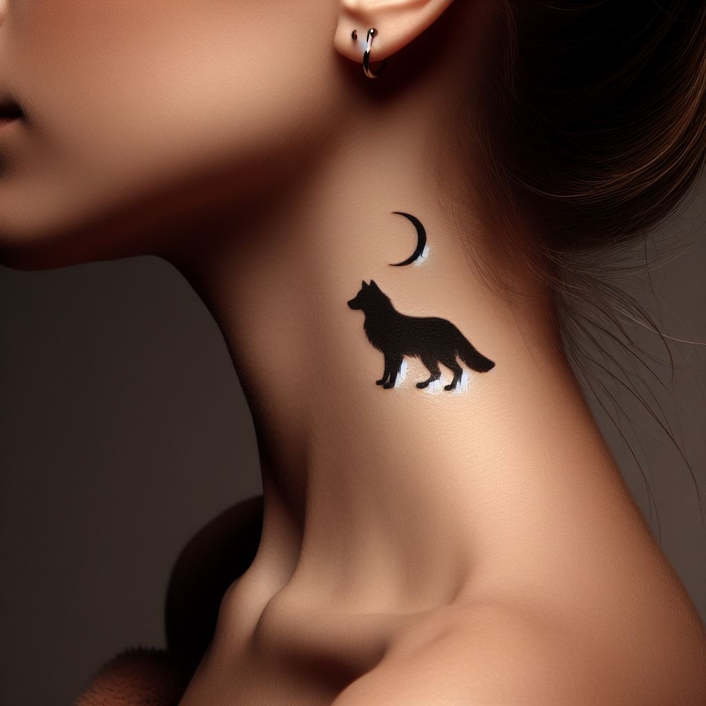 An animal silhouette tattoo, such as a wolf or a cat, placed subtly on the side of the neck, symbolizing the wearer's spirit animal or personal traits.