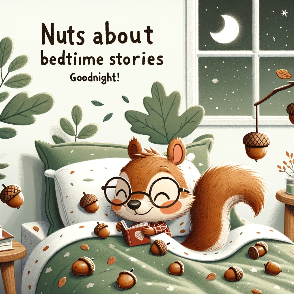 A cartoon squirrel in a soft, fluffy bed, surrounded by acorns and leaves. It's holding a tiny book, wearing glasses with a cozy blanket over its body. The bedroom has a tree-themed decor with a window showing the moon outside. The caption reads: "Nuts about bedtime stories. Goodnight!"