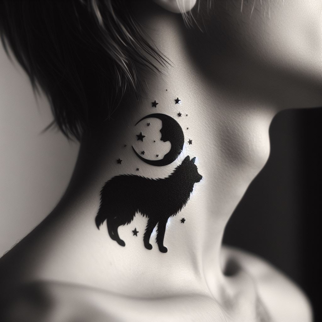 An animal silhouette tattoo, such as a wolf or a cat, placed subtly on the side of the neck, symbolizing the wearer's spirit animal or personal traits.