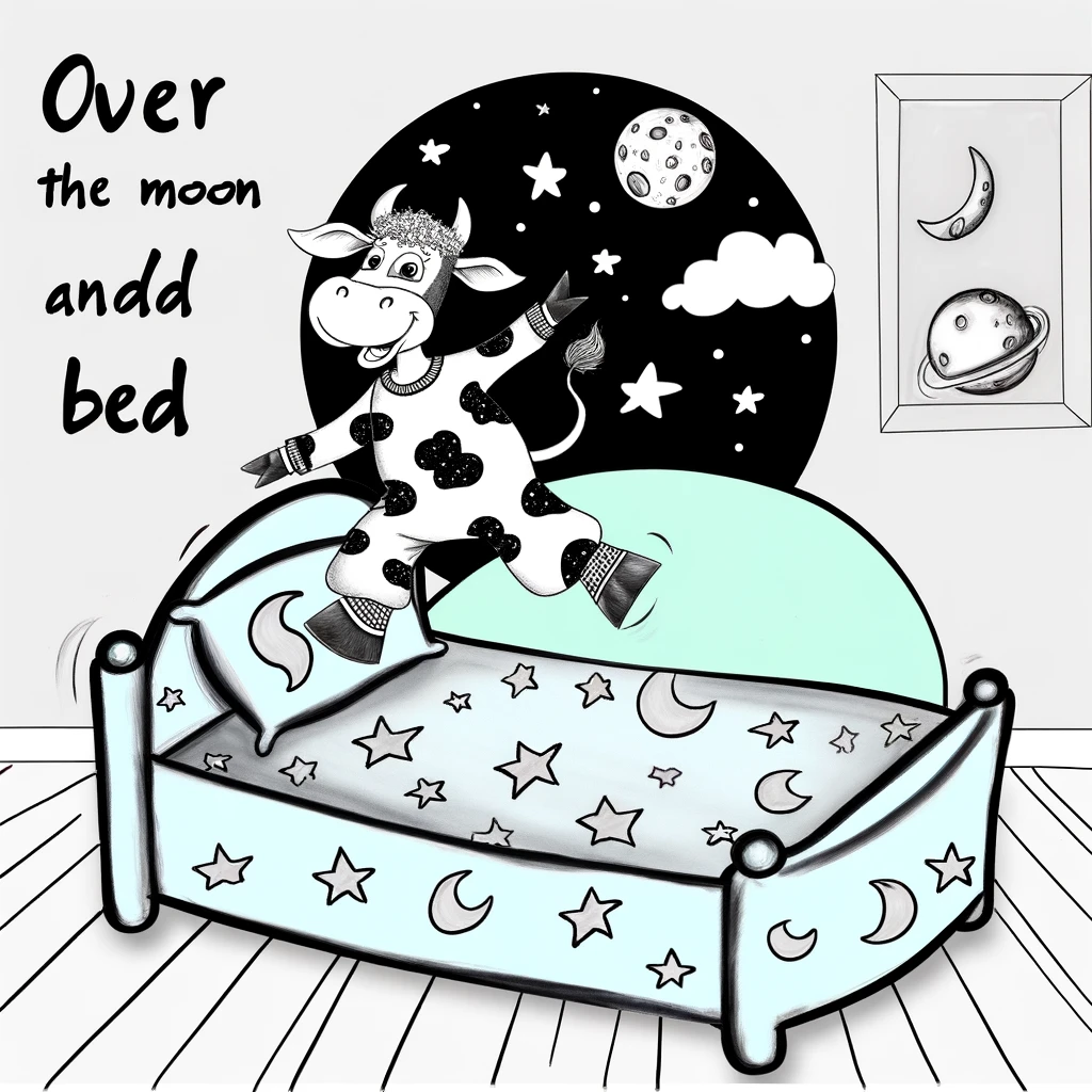 A cartoon cow jumping over a moon-shaped bed, wearing pajamas with moon and stars patterns. The bedroom has a space theme, with planets and stars painted on the walls. The caption reads: "Over the moon and into bed. Goodnight!"