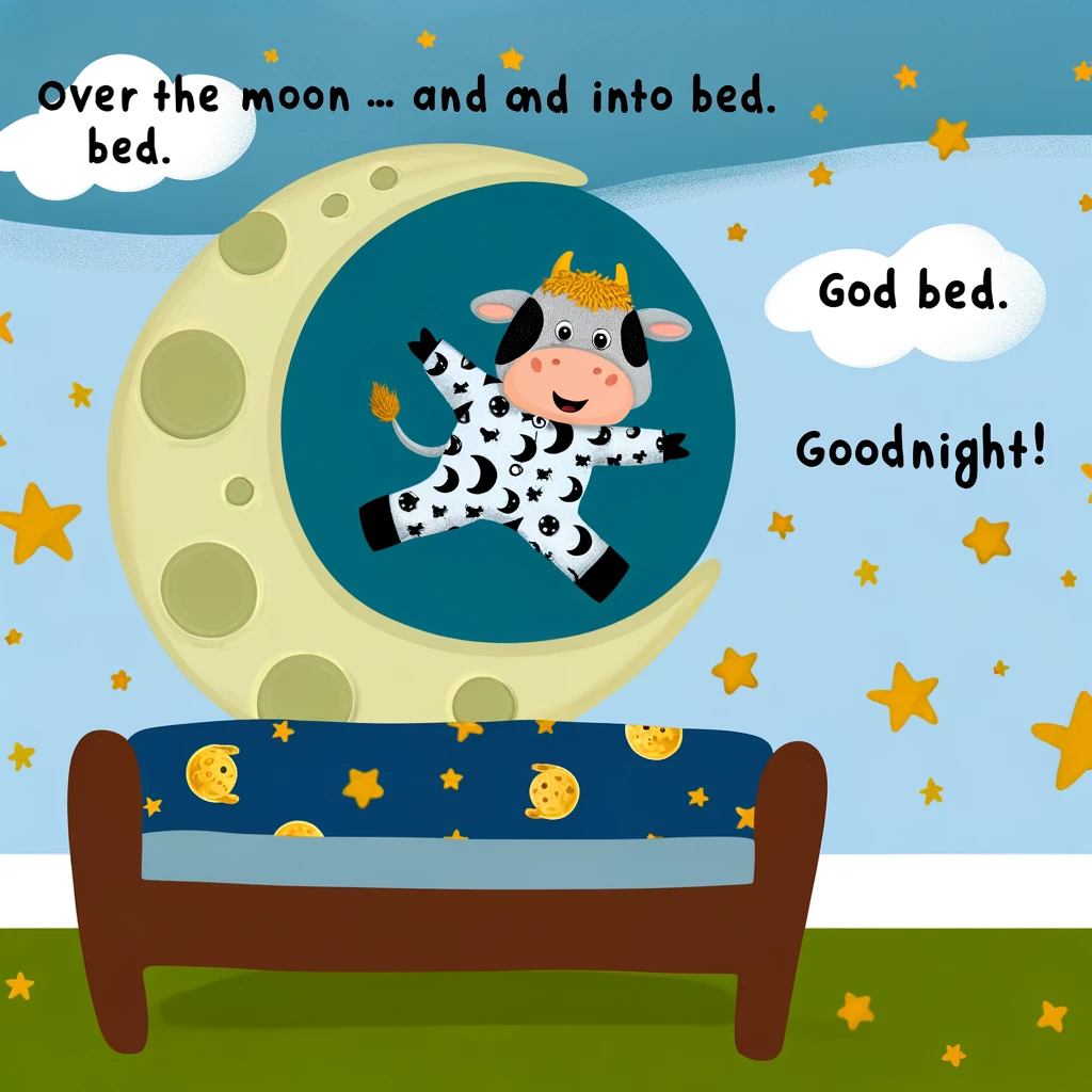 A cartoon cow jumping over a moon-shaped bed, wearing pajamas with moon and stars patterns. The bedroom has a space theme, with planets and stars painted on the walls. The caption reads: "Over the moon and into bed. Goodnight!"