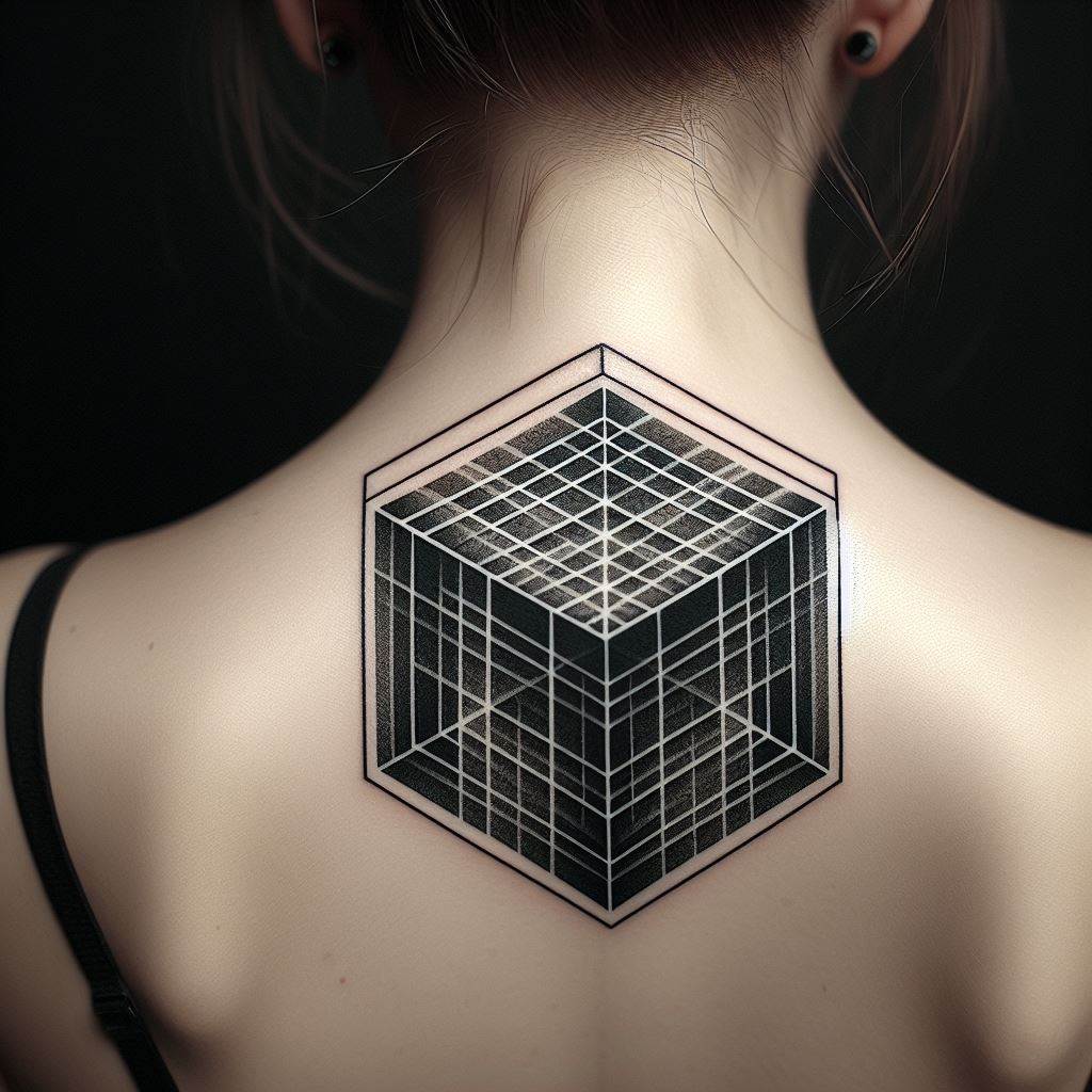 A geometric tattoo featuring a 3D cube illusion, positioned on the back of the neck, showcasing the art of optical illusion.