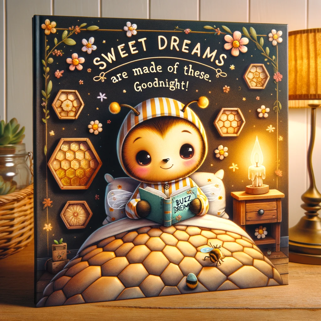 A cartoon bee in pajamas, snuggled up in a honeycomb bed, with a tiny book titled 'The Buzz on Dreams'. The room is decorated with flowers and has a warm, golden glow. The caption reads: "Sweet dreams are made of these. Goodnight!"