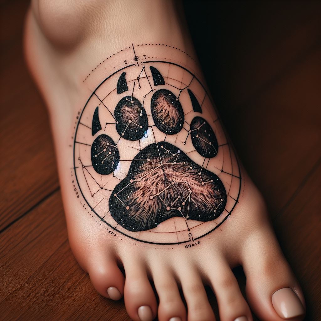 A tattoo on the top of the foot, featuring a bear paw print with a map of the constellations contained within its outline. This design blends the earthly with the celestial, symbolizing navigation and exploration, both physically and spiritually. The placement on the foot signifies walking with the wisdom of the stars.