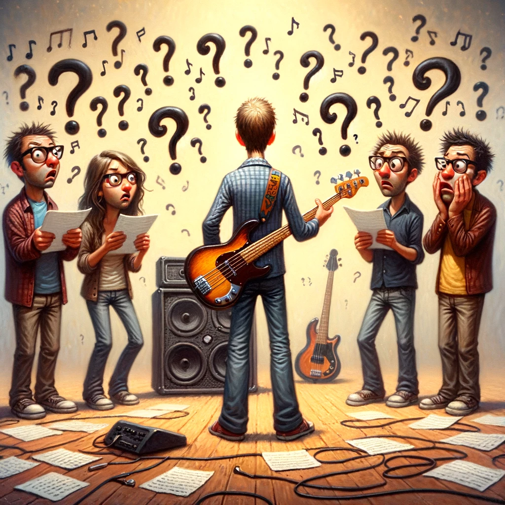 A whimsical depiction of a band facing a moment of confusion as they hold a bass guitar like it's an unfamiliar, alien object. Around them, musical notes and question marks float in the air, highlighting their bewilderment. The scene captures the humorous and exaggerated reaction to the bassist announcing, 'I wrote a song,' with the other band members looking at each other in puzzled amusement. This playful image showcases the unexpected moment when a typically background-focused musician steps into the spotlight with their own creative contribution, turning the band dynamic on its head for a moment.