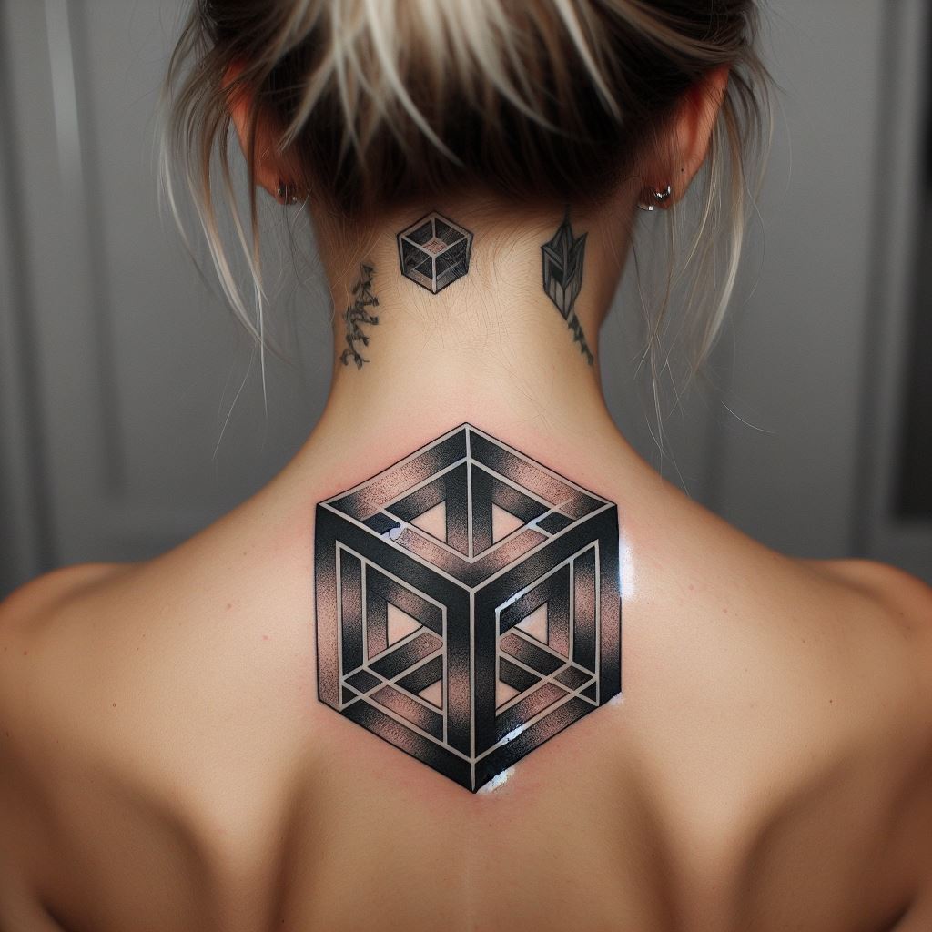 A geometric tattoo featuring a 3D cube illusion, positioned on the back of the neck, showcasing the art of optical illusion.
