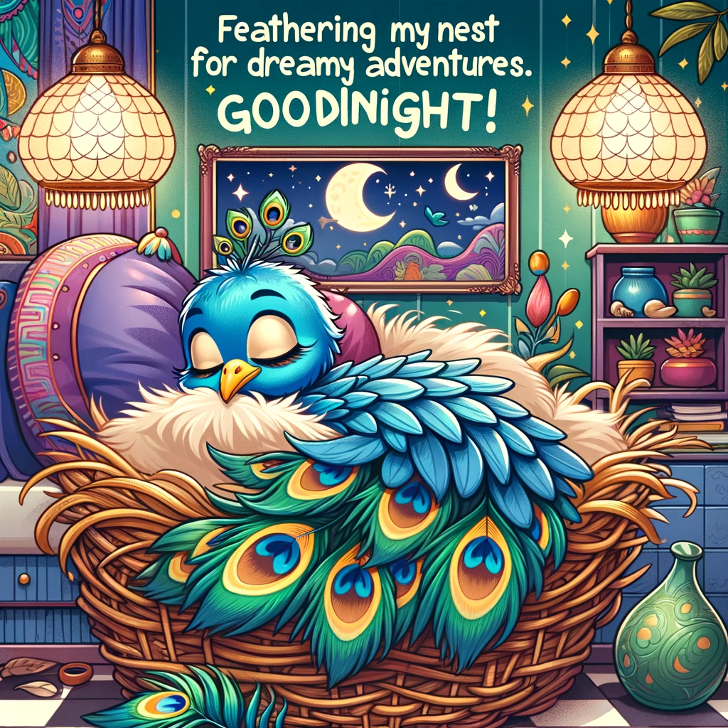 A cartoon peacock with its feathers arranged as a cozy blanket, settling down in a nest bed. The room has exotic, vibrant decor with a peacock theme. The caption reads: "Feathering my nest for dreamy adventures. Goodnight!"