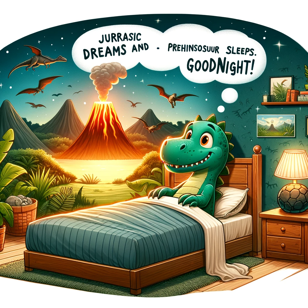 A cartoon dinosaur in a large bed, with a night lamp shaped like a volcano. The bedroom has a prehistoric theme, with wall paintings of dinosaurs and lush vegetation. The caption reads: "Jurassic dreams and prehistoric sleeps. Goodnight!"