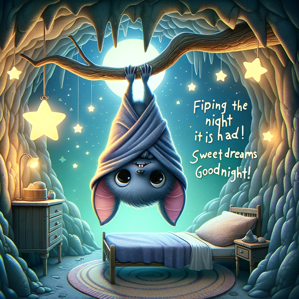 A cartoon bat hanging upside down from a tree branch, wrapped in a soft blanket, inside a cave that's been turned into a cozy bedroom. The cave walls are adorned with glow-in-the-dark stars. The caption reads: "Flipping the night on its head. Sweet dreams! Goodnight!"