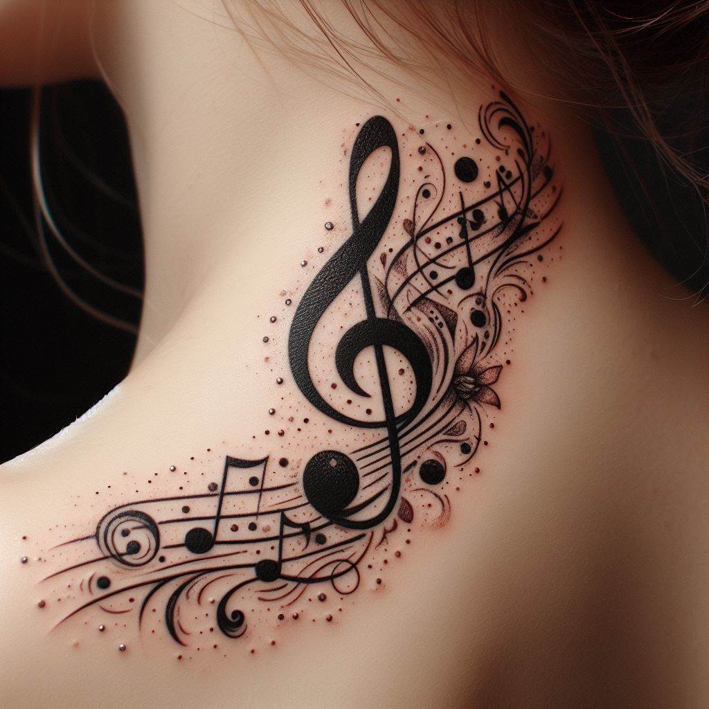 A musical note tattoo with a small treble clef and notes flowing gracefully down the side of the neck, expressing the wearer's love for music.