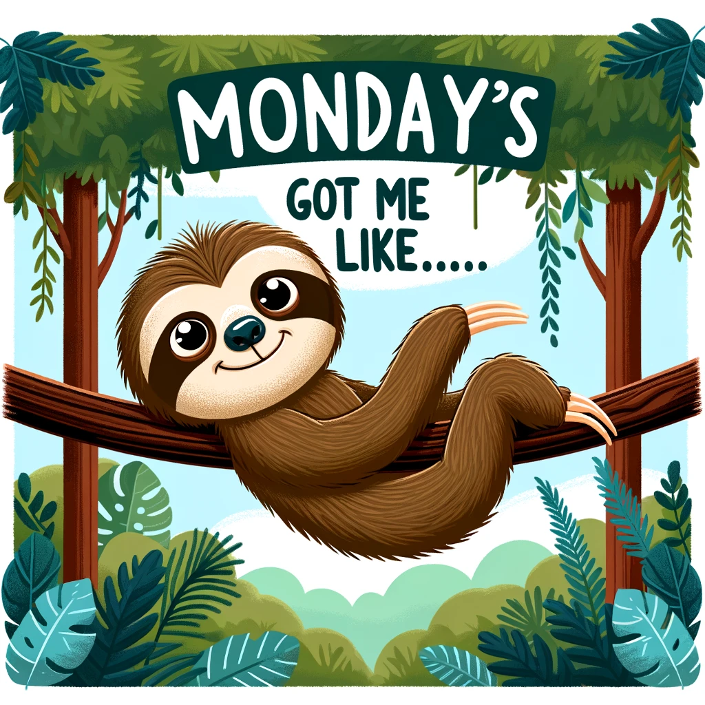 A cartoon sloth hanging from a tree branch with a relaxed and happy expression, surrounded by a peaceful jungle background. The caption reads "Mondays got me like…" in a fun, playful font.