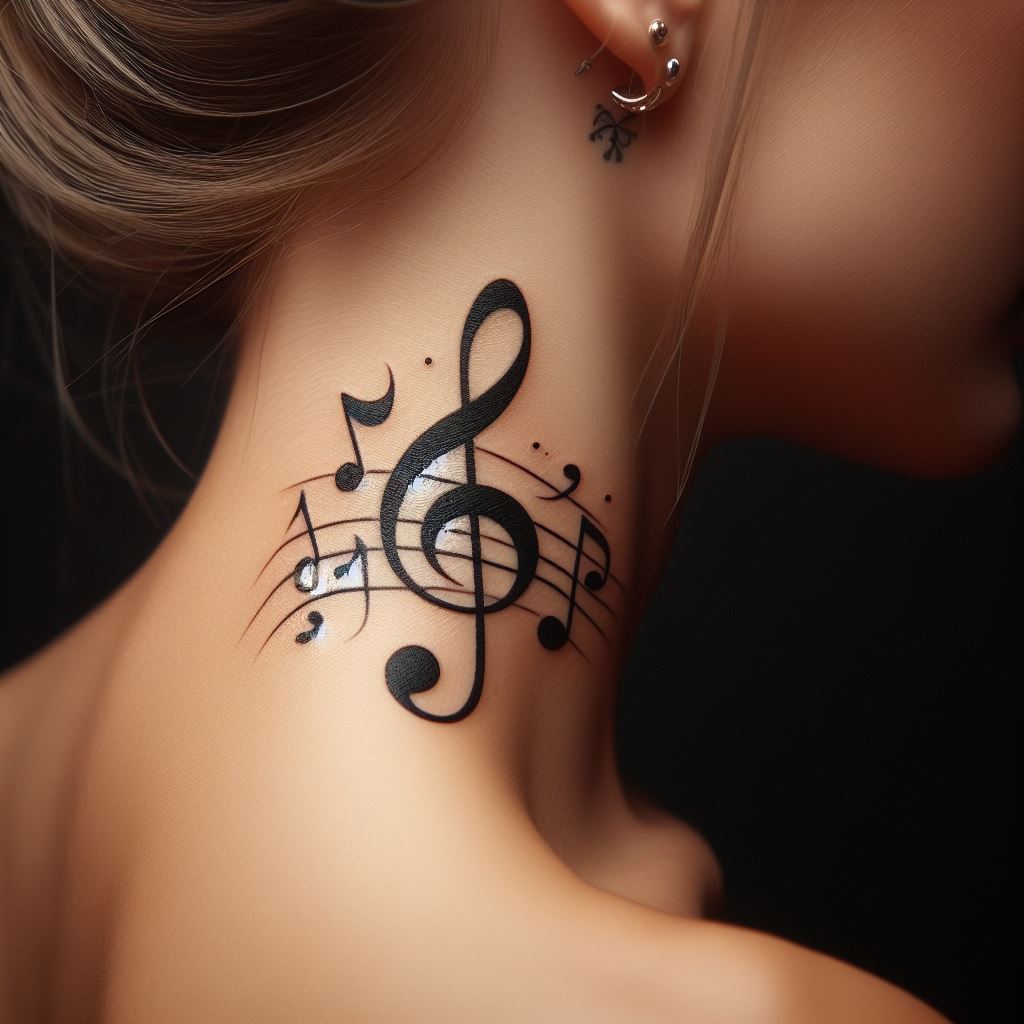 A musical note tattoo with a small treble clef and notes flowing gracefully down the side of the neck, expressing the wearer's love for music.