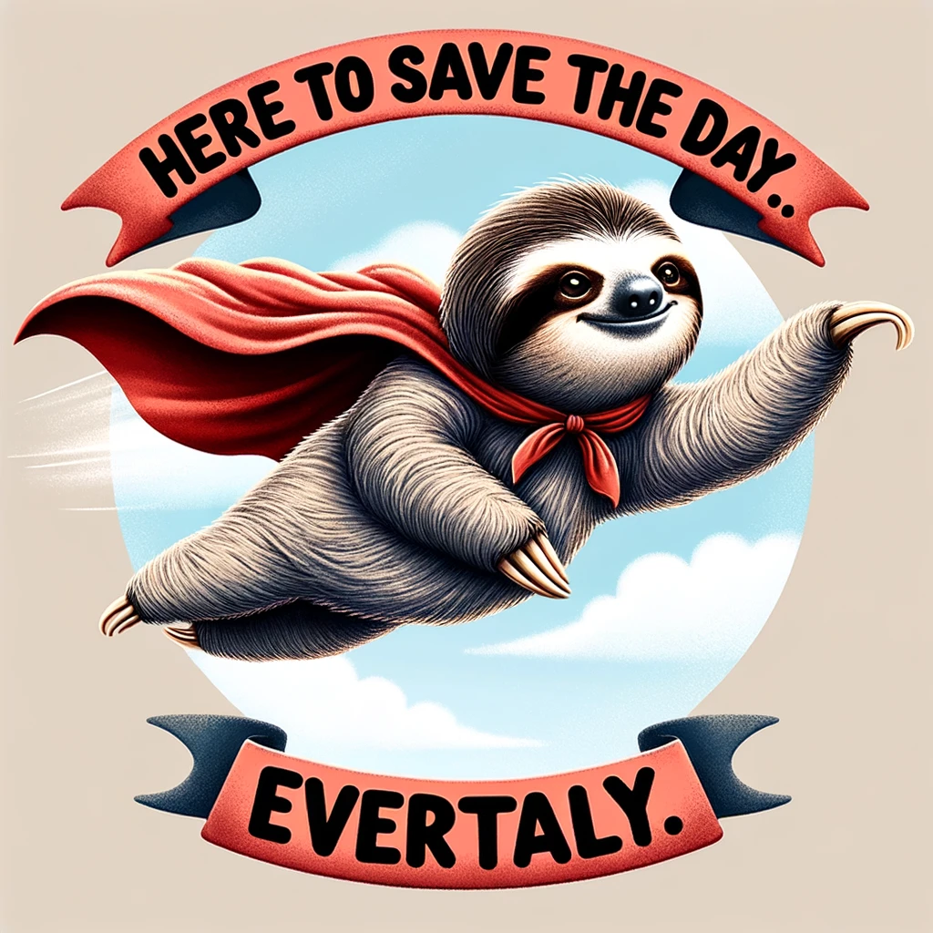 A sloth dressed as a superhero flying through the sky, with a cape fluttering behind. The sloth has a determined look on its face. The caption reads "Here to save the day... eventually" in a bold, heroic font, implying the sloth's slow nature but good intentions.