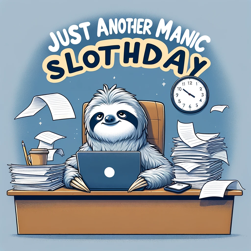 A cartoon sloth sitting at a desk with a laptop, surrounded by piles of paperwork and a clock showing 5:00 PM. The sloth looks overwhelmed but calm. The caption reads "Just another manic Slothday" as a playful twist on "manic Monday," highlighting the slow pace of the sloth despite the busy environment.