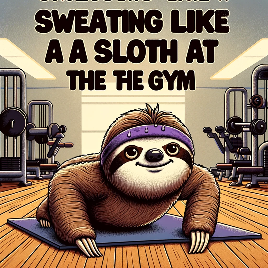 A cartoon sloth in workout clothes, doing a very slow push-up with a focused expression. The background is a gym with various fitness equipment. The caption reads "Sweating like a sloth at the gym" in a bold, motivational font, humorously juxtaposing the sloth's slow movement with the concept of intense exercise.