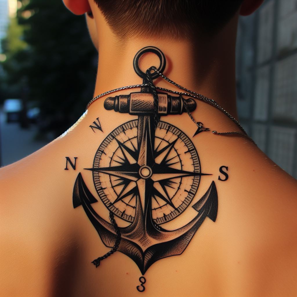 A nautical themed tattoo with an anchor and compass design, located on the front of the neck, representing stability and direction in life.