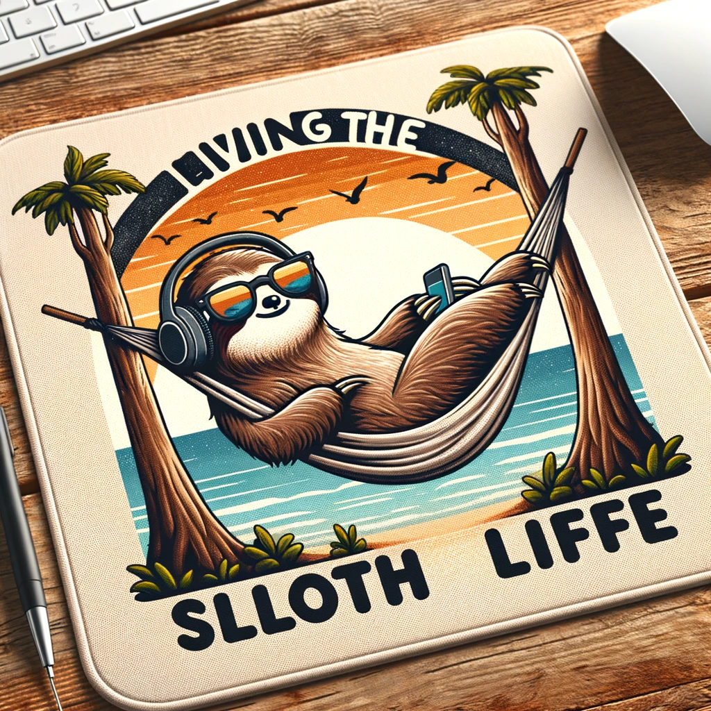 A cartoon sloth lying on a hammock between two trees, wearing sunglasses and listening to music through headphones. The background is a serene beach scene with a sunset. The caption reads "Living the sloth life" in a relaxed, whimsical font, encapsulating the sloth's ultimate relaxation and enjoyment of the moment.