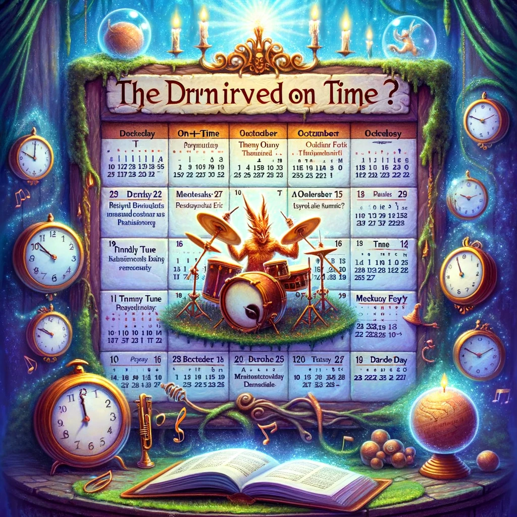 An enchanting, fantasy-themed illustration showing a calendar with every date marked as a holiday, representing the mythical rarity of the drummer arriving on time. Each holiday is whimsically named to suggest a celebration of punctuality, such as 'On-Time October Fest', 'Punctual Parade Day', and 'Timely Tune Festival'. The surrounding decor includes clocks frozen at the exact moment the drummer arrives, musical notes that dance in harmony, and a magical aura that illuminates the scene. This image captures the humor and disbelief when the usually late drummer defies expectations by being punctual, turning an ordinary rehearsal day into a mythical event worthy of celebration.