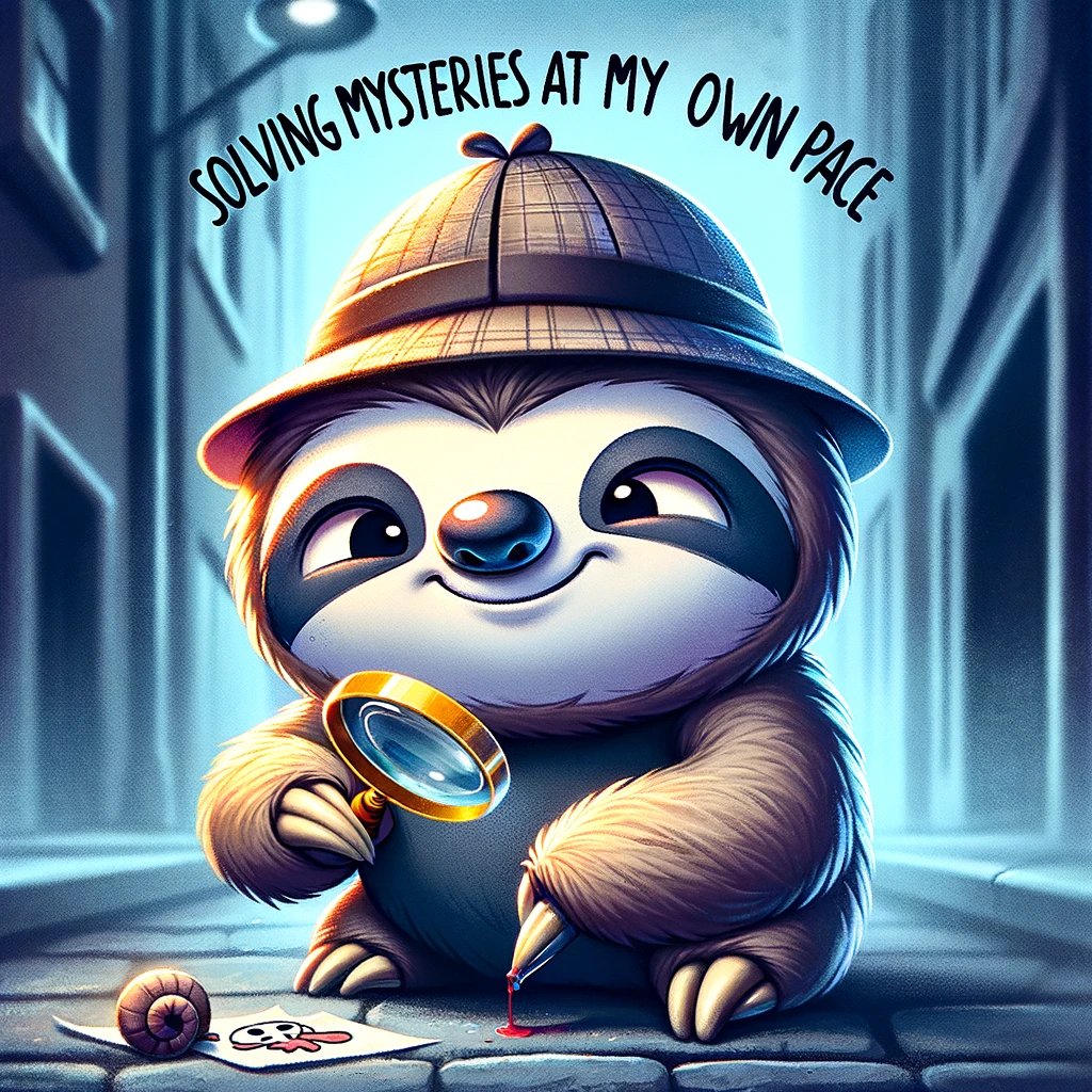 A cartoon sloth wearing a detective hat and holding a magnifying glass, inspecting a clue on the ground with a curious expression. The background is a dimly lit alleyway, setting a mysterious atmosphere. The caption reads "Solving mysteries at my own pace" in a suspenseful font, showcasing the sloth's determination to solve the case, albeit slowly.