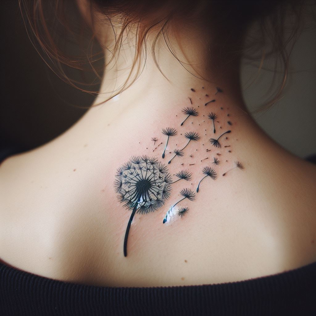 A whimsical tattoo of a dandelion with seeds blowing away, located on the back of the neck, symbolizing letting go and new beginnings.