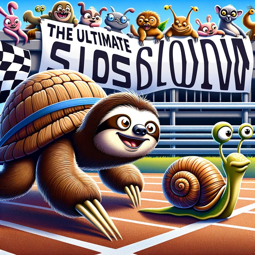 A cartoon sloth trying to race against a snail, both looking determined on a racetrack. The sloth is barely ahead, with a crowd of various animals cheering in the background. The caption reads "The ultimate showdown" in an exciting sports announcer style font, highlighting the humorous slow-paced race.