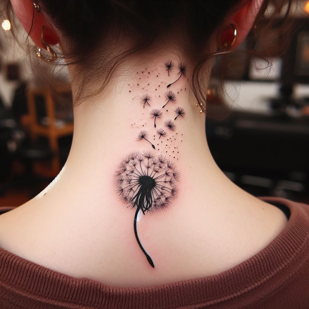 A whimsical tattoo of a dandelion with seeds blowing away, located on the back of the neck, symbolizing letting go and new beginnings.