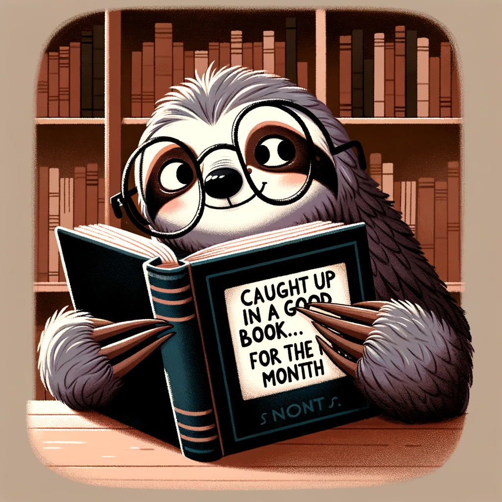 A cartoon sloth wearing oversized glasses, deeply engrossed in reading a thick book. The background is a cozy library setting with shelves full of books. The caption reads "Caught up in a good book... for the next month" in a whimsical font, suggesting the sloth's slow but enjoyable reading pace.