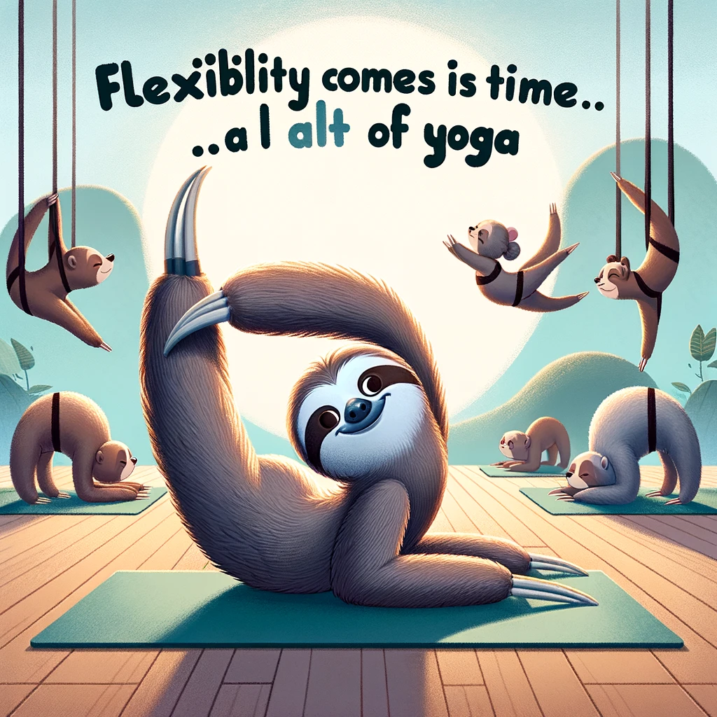 A cartoon sloth trying to do yoga, struggling to hold a pose on a yoga mat. The background is a peaceful yoga studio with other animals in perfect poses. The caption reads "Flexibility comes with time... a lot of time" in a serene, motivational font, humorously showcasing the sloth's attempt at yoga.