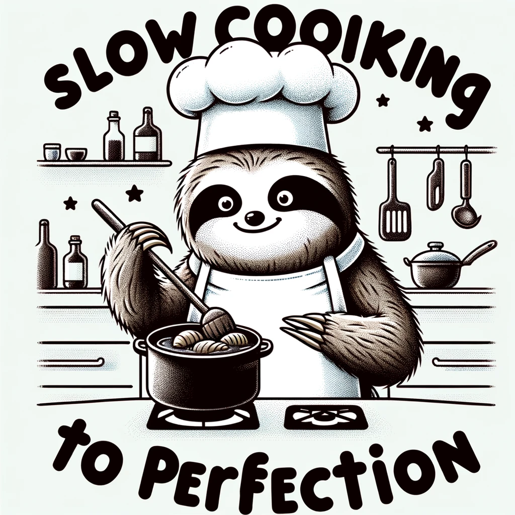 A cartoon sloth dressed as a chef, slowly stirring a pot on a stove with a focused expression. The kitchen is filled with cooking utensils and ingredients. The caption reads "Slow cooking to perfection" in a delicious-looking font, emphasizing the sloth's dedication to making a perfect meal, no matter how long it takes.