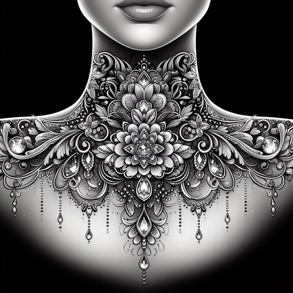 An intricate lace and jewel tattoo design that drapes elegantly across the throat and down the sides of the neck, combining elements of luxury and femininity.