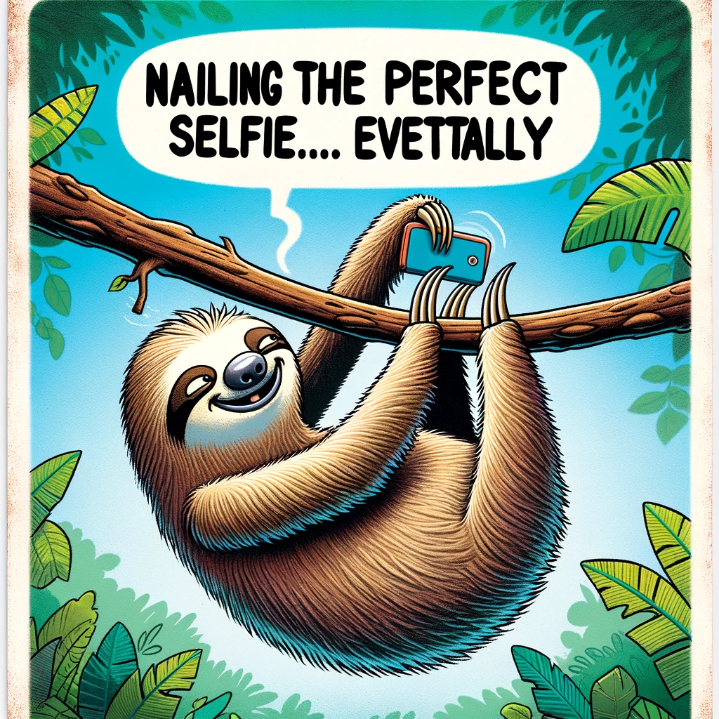 A cartoon sloth hanging from a branch, trying to take a selfie with a slow and shaky hand. The background is a vibrant jungle scene. The caption reads "Nailing the perfect selfie... eventually" in a playful font, poking fun at the sloth's slow attempts to capture the perfect moment.