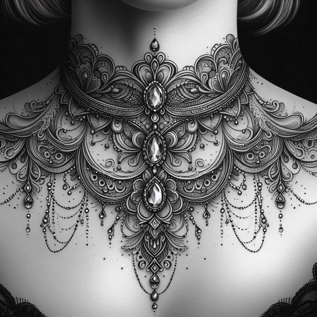 An intricate lace and jewel tattoo design that drapes elegantly across the throat and down the sides of the neck, combining elements of luxury and femininity.