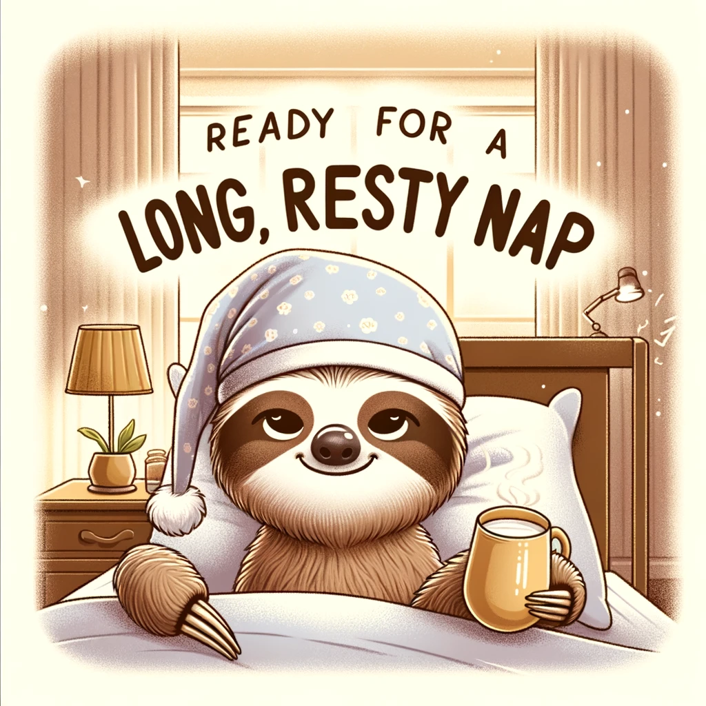A cartoon sloth in a nightcap, yawning and holding a cup of warm milk, standing next to a cozy bed. The room is warmly lit and inviting. The caption reads "Ready for a long, restful nap" in a soft, dreamy font, reflecting the sloth's love for sleep and relaxation.