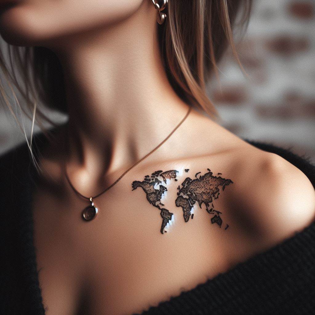 A small, yet detailed, world map tattoo positioned on the side of the neck, symbolizing a love for travel and adventure.