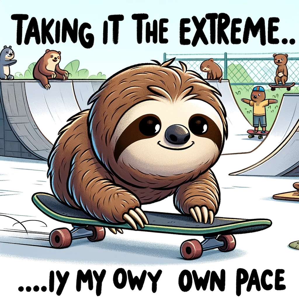 A cartoon sloth trying to skateboard down a small ramp, looking cautiously excited. The skatepark is filled with other animals doing tricks. The caption reads "Taking it to the extreme... at my own pace" in a bold, adventurous font, capturing the sloth's adventurous spirit tempered by its natural slowness.