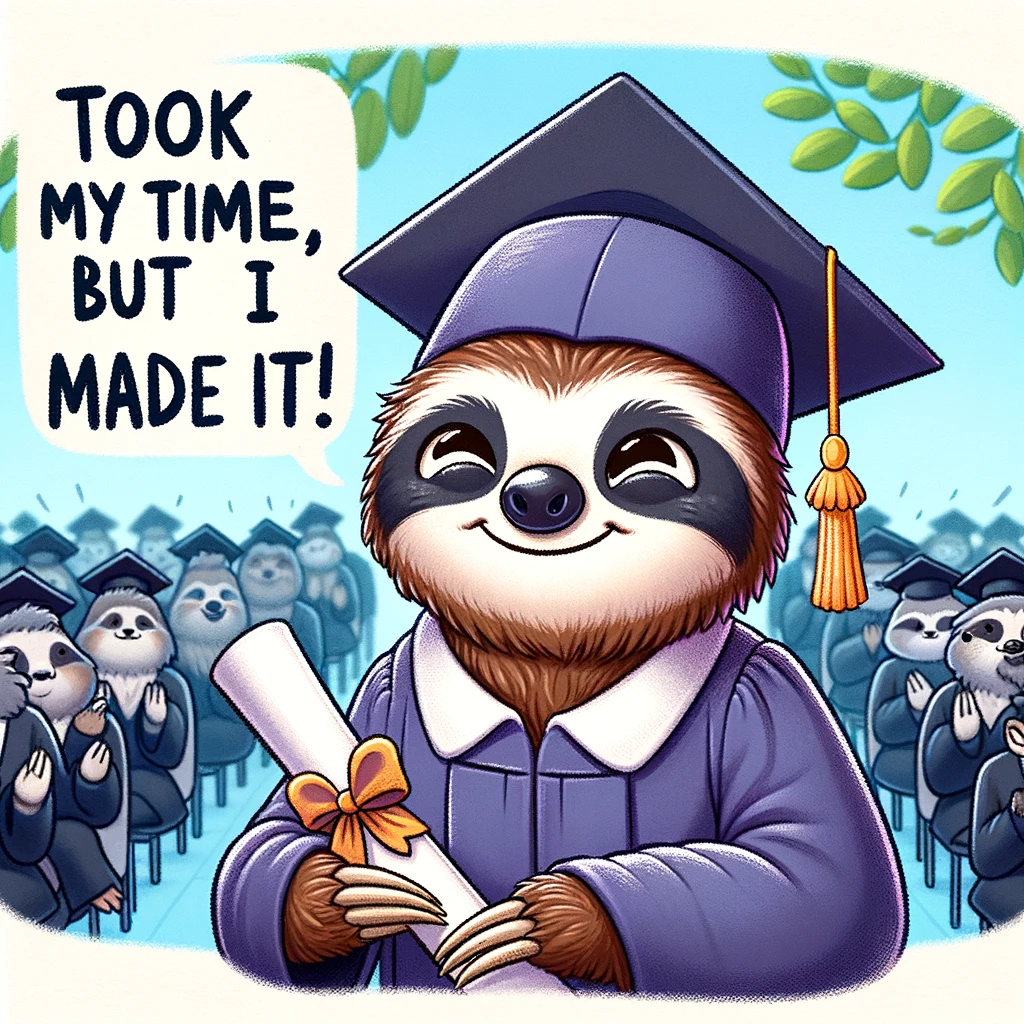 A cartoon sloth dressed in a graduation cap and gown, holding a diploma with a proud smile. The background is a graduation ceremony with other animals clapping. The caption reads "Took my time, but I made it!" in an inspirational font, celebrating the sloth's perseverance and achievement despite its slow pace.