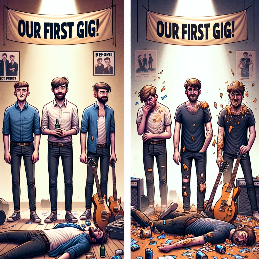 A before-and-after image showcasing a band's transformation through their first gig. The 'before' side depicts the band looking hopeful and clean-cut, exuding optimism and readiness. They stand confidently with their instruments, surrounded by posters of their influences and a banner reading 'Our First Gig!'. The 'after' side contrasts starkly, showing the same band exhausted and disheveled, covered in confetti and spilled drinks, their equipment slightly askew. The scene captures the chaotic yet triumphant aftermath of a live performance, highlighting the physical and emotional toll of delivering their music to a live audience for the first time.