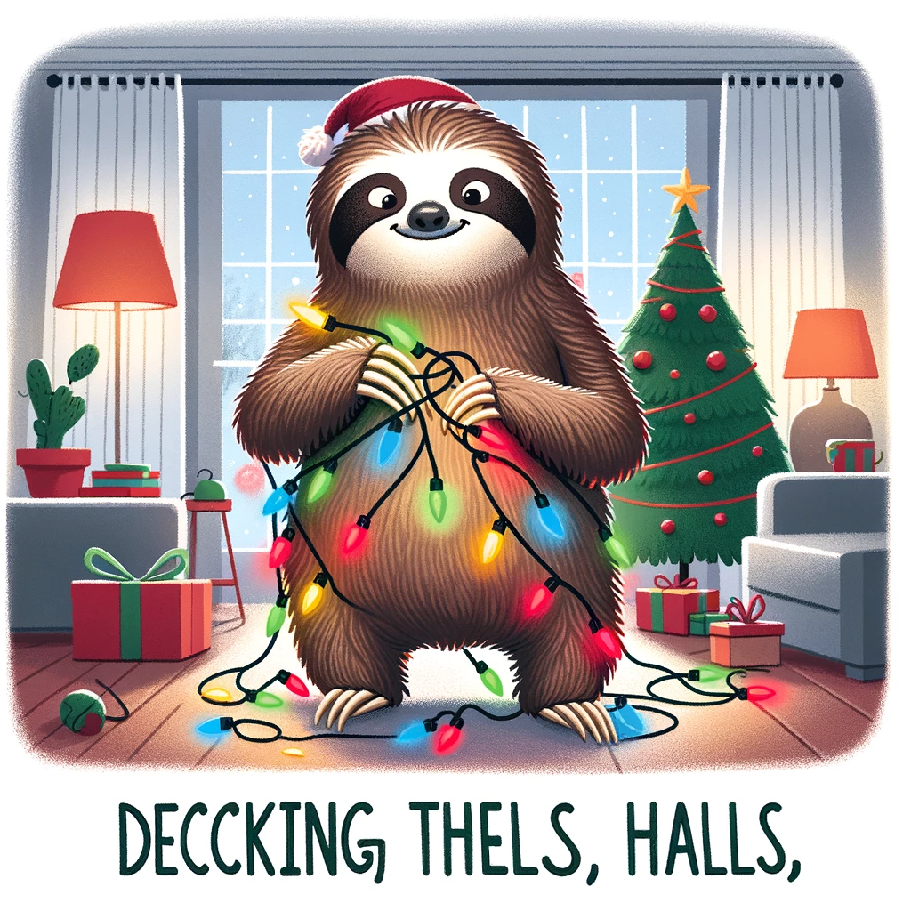 A cartoon sloth tangled in a string of Christmas lights, trying to decorate a tree but looking a bit confused. The room is filled with holiday decorations. The caption reads "Decking the halls, sloth style" in a festive font, highlighting the sloth's humorous struggle with holiday preparations.