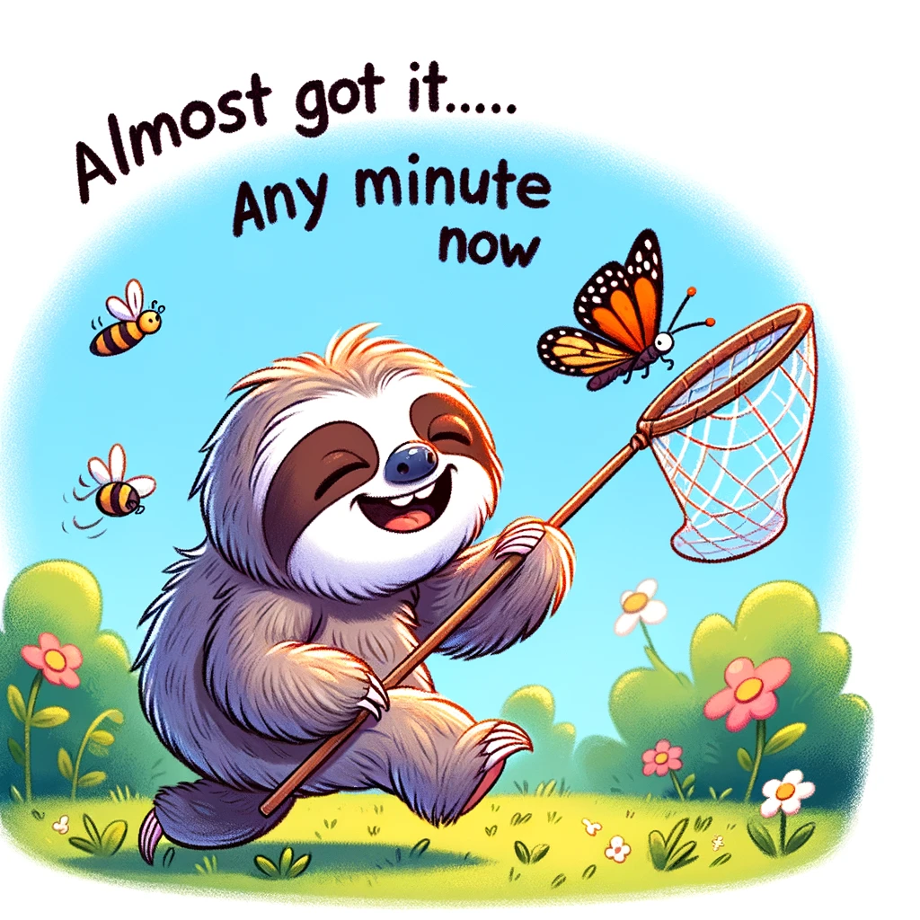 A cartoon sloth trying to catch a butterfly with a net, moving slowly but with determination. The background is a sunny meadow with flowers and other insects flying around. The caption reads "Almost got it... any minute now" in a playful font, emphasizing the sloth's optimistic but slow pursuit.