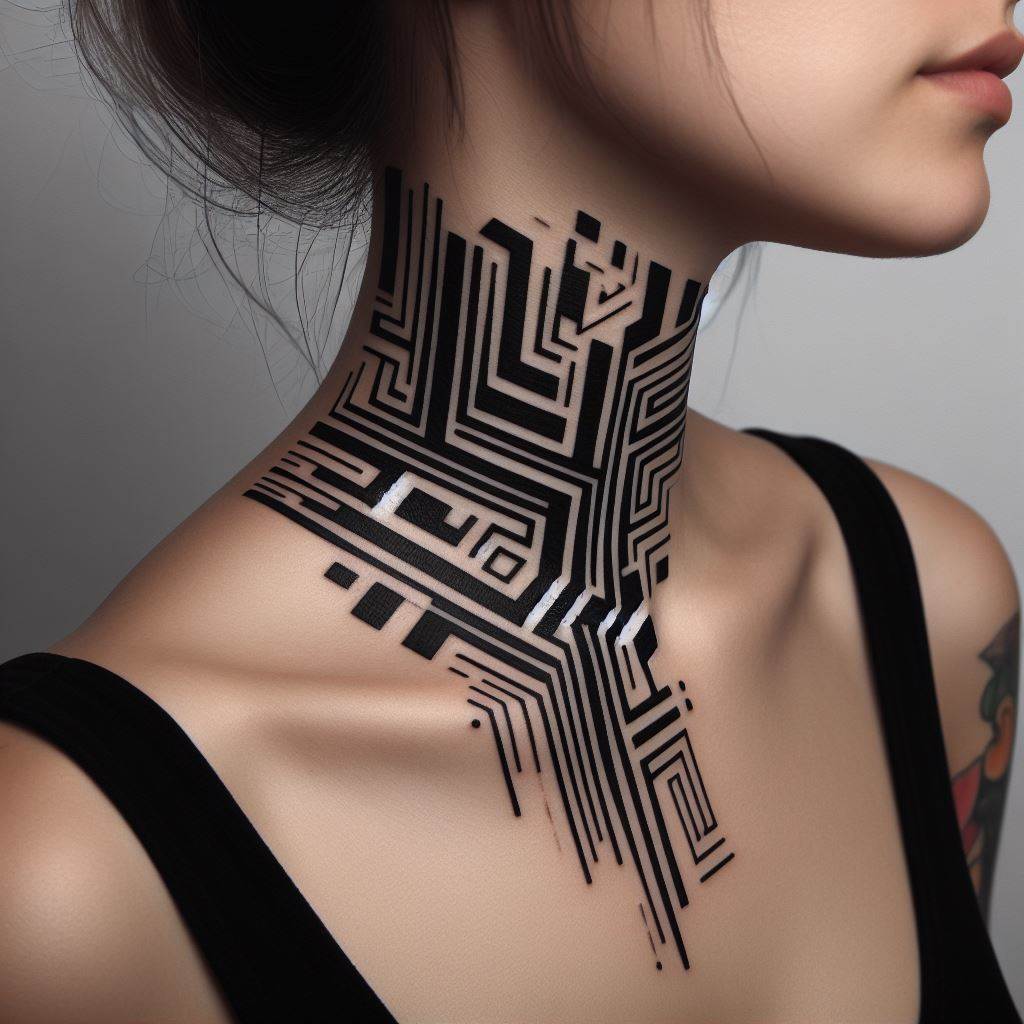A bold, black ink tattoo featuring a series of geometric shapes and lines that create a unique pattern around the entire neck, showcasing abstract art.